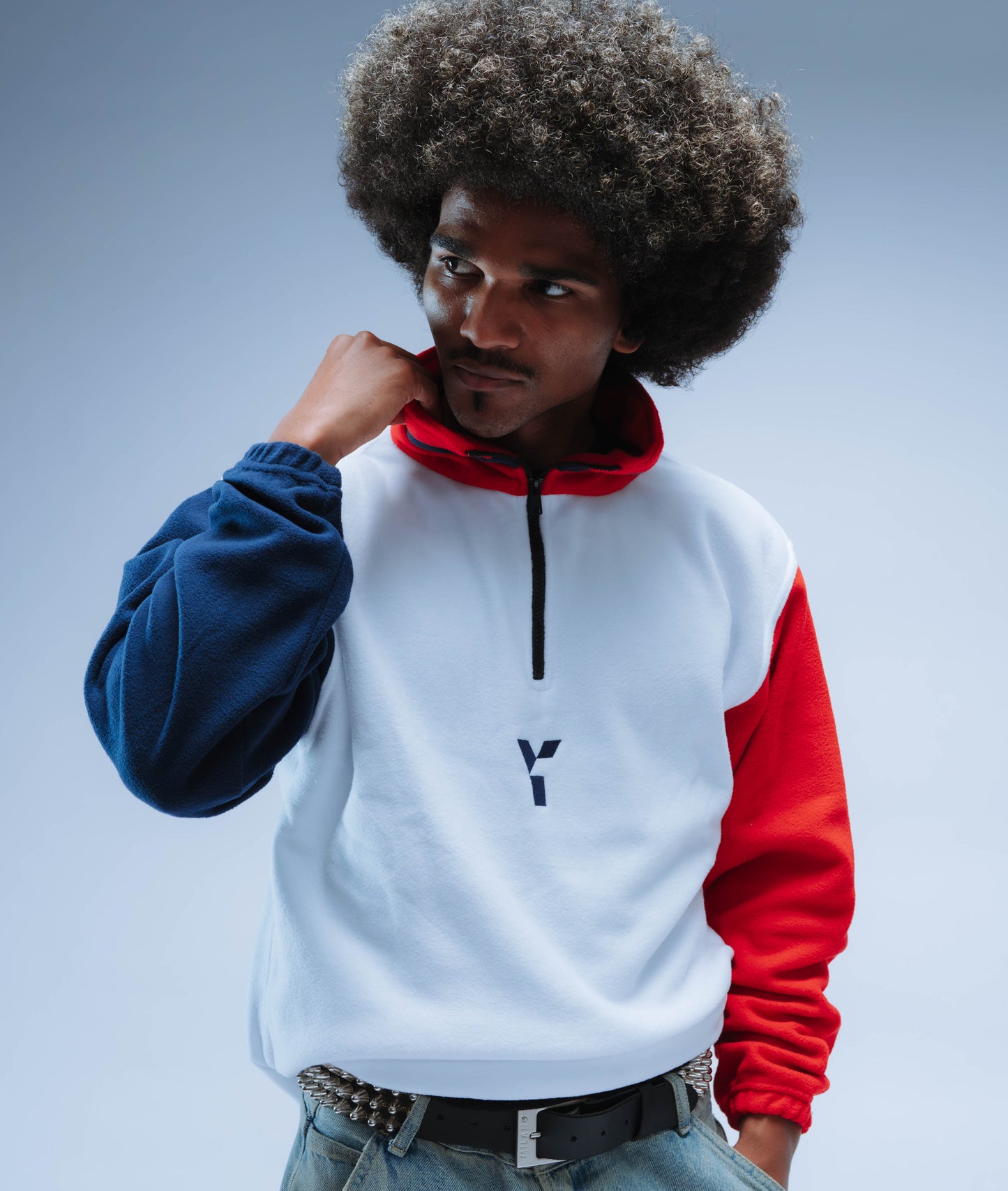 BF25 Upcycled Retro Quarter Zip Fleece (White/Navy/Red)
