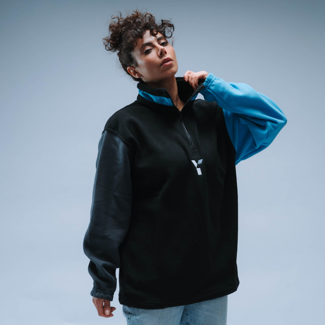 Upcycled Retro Quarter Zip Fleece (Black/Grey/Sky Blue)