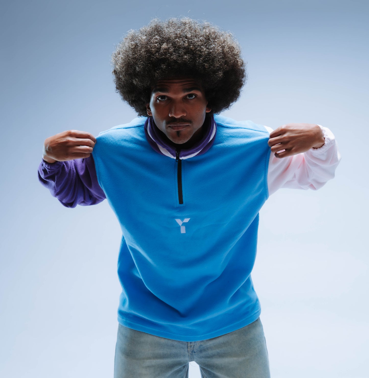 BF25 Upcycled Retro Quarter Zip Fleece (Sky Blue/Pink/Purple)