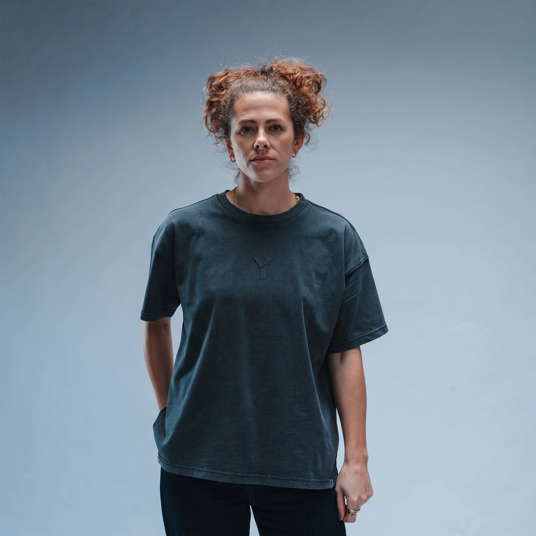 Women's Oversized Stonewash Navy Logo Tee