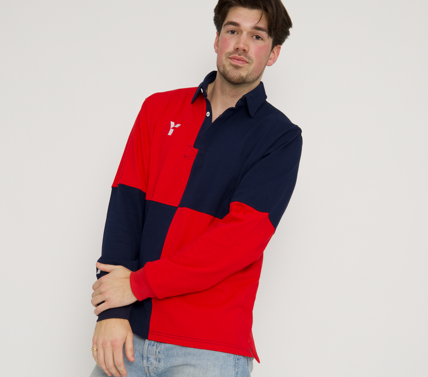 Checkered Retro Cotton Rugby Shirt (Red/Navy)