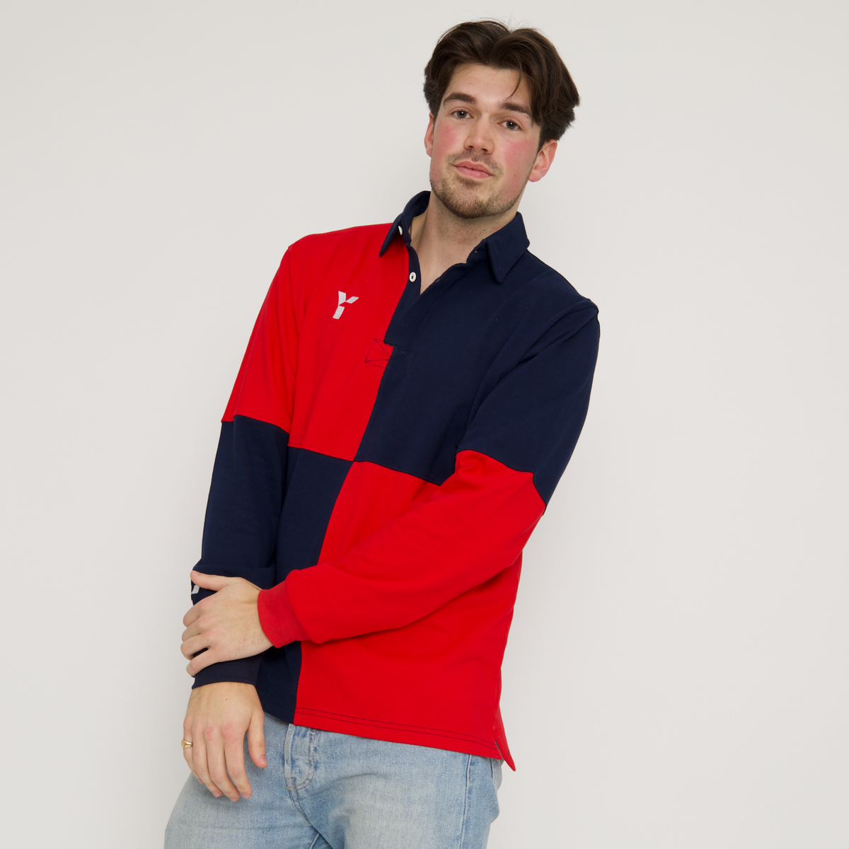 Checkered Retro Cotton Rugby Shirt (Red/Navy) by Y1