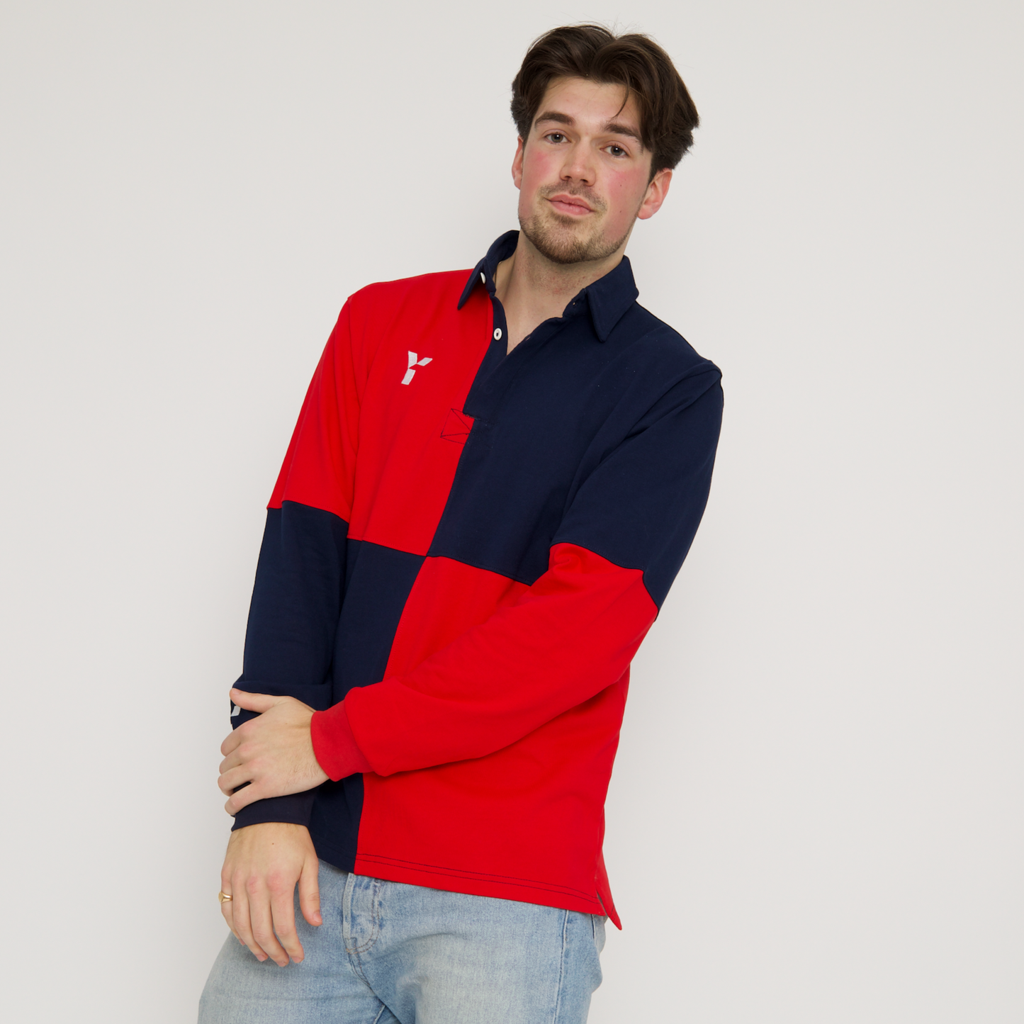 Checkered Retro Cotton Rugby Shirt (Red/Navy)