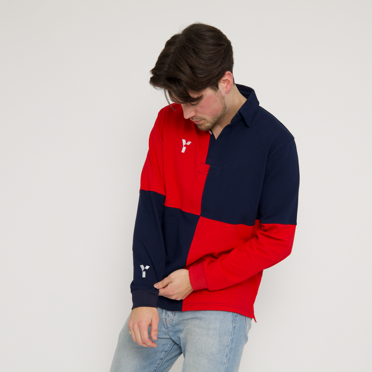 Checkered Retro Cotton Rugby Shirt (Red/Navy) by Y1 - view 3