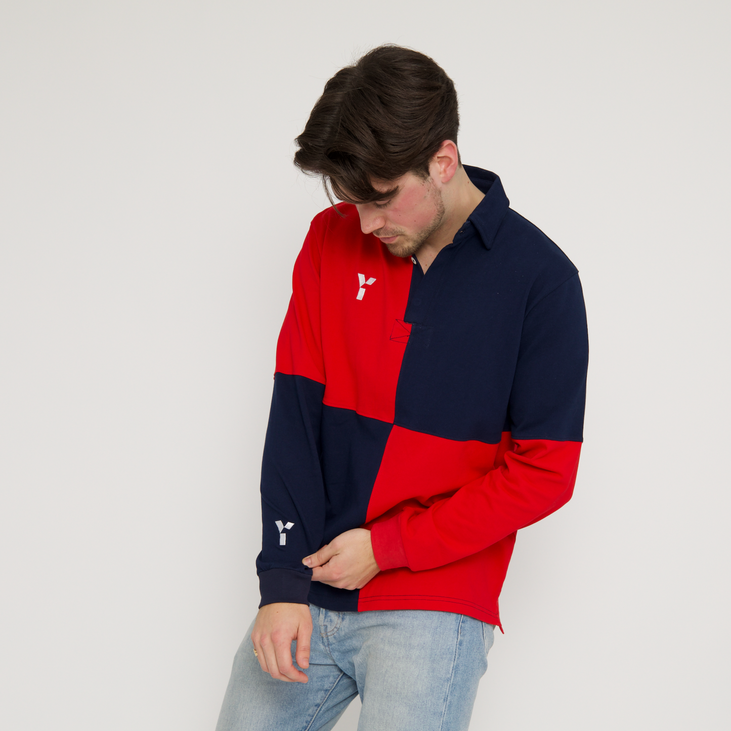 Checkered Retro Cotton Rugby Shirt (Red/Navy)