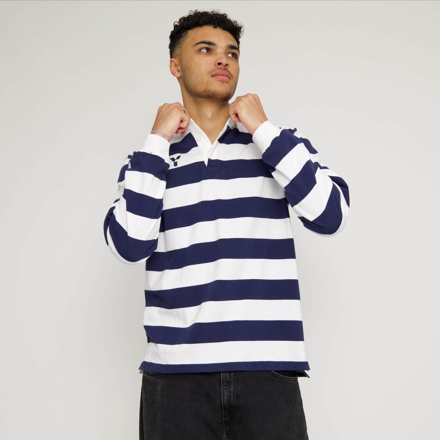 Striped Retro Cotton Rugby Shirt (Navy/White)