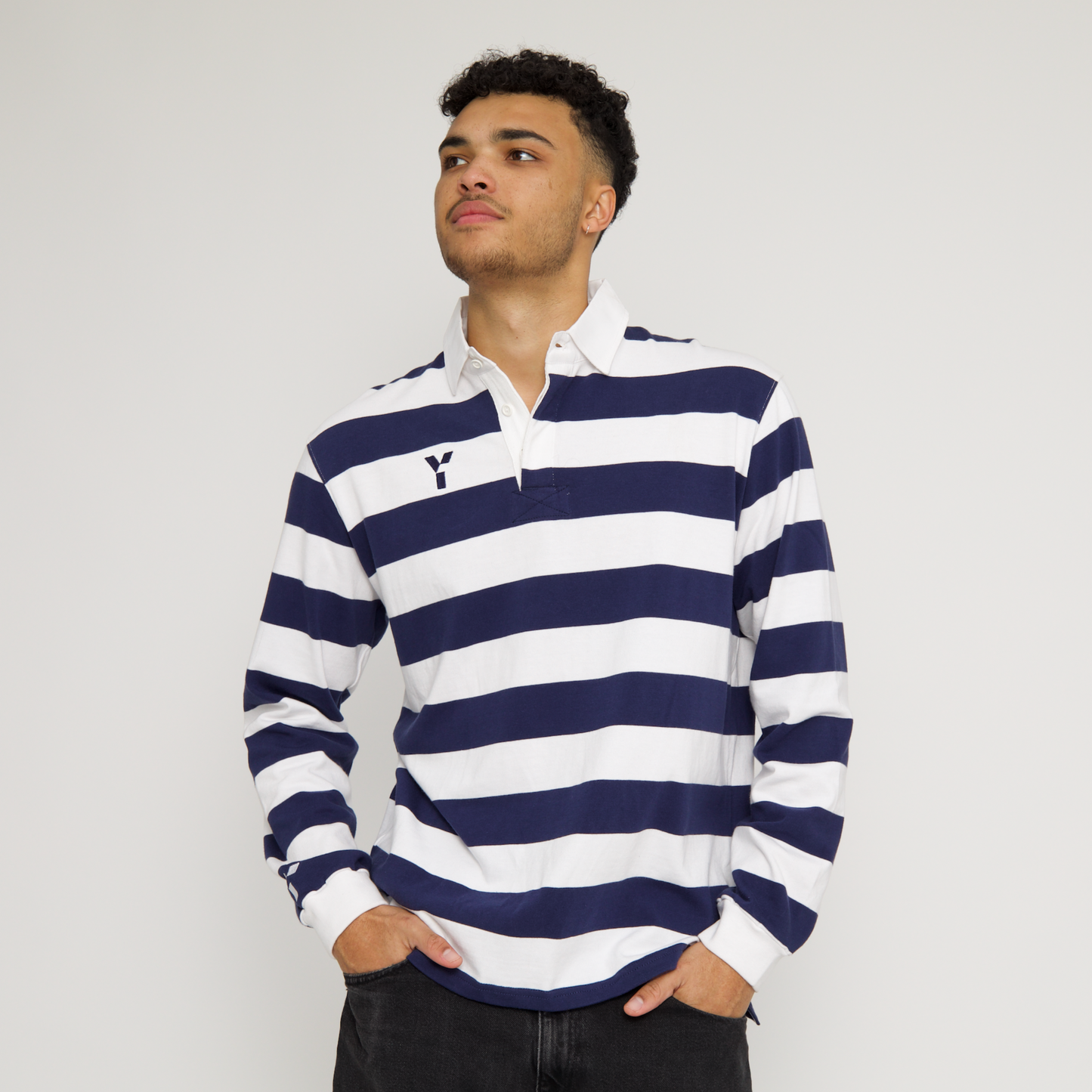 Striped Retro Cotton Rugby Shirt (Navy/White)