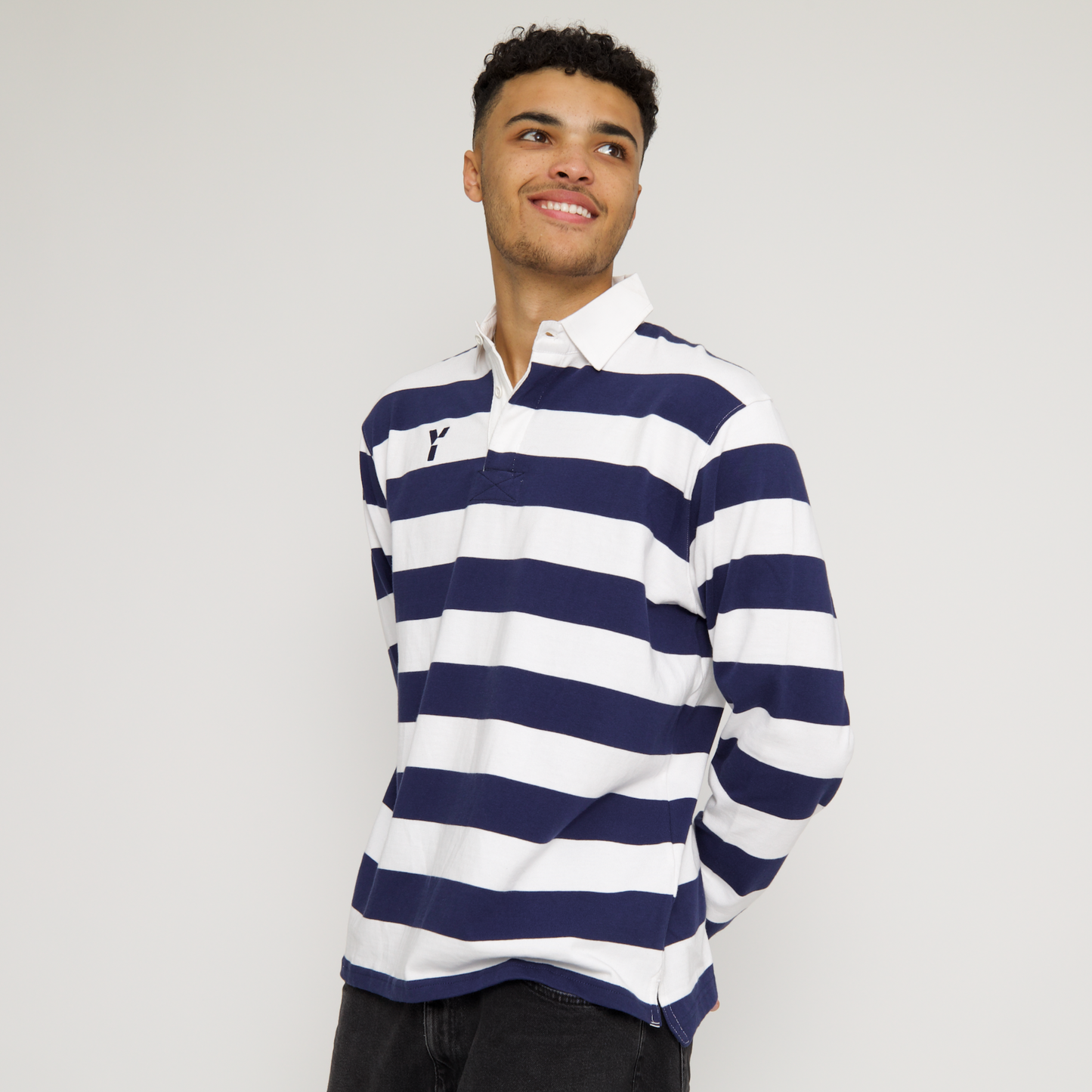 Striped Retro Cotton Rugby Shirt (Navy/White)