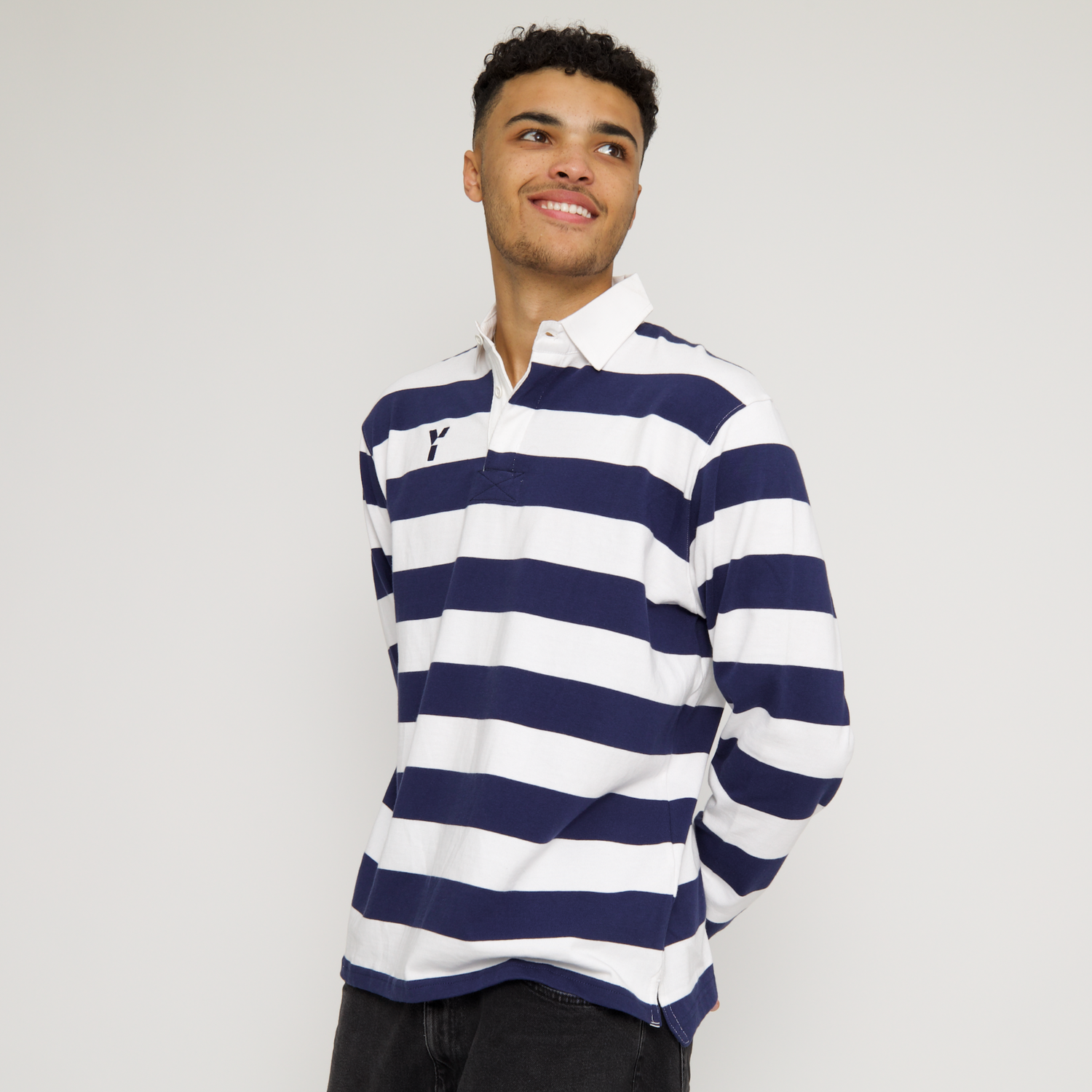 Striped Retro Cotton Rugby Shirt (Navy/White)
