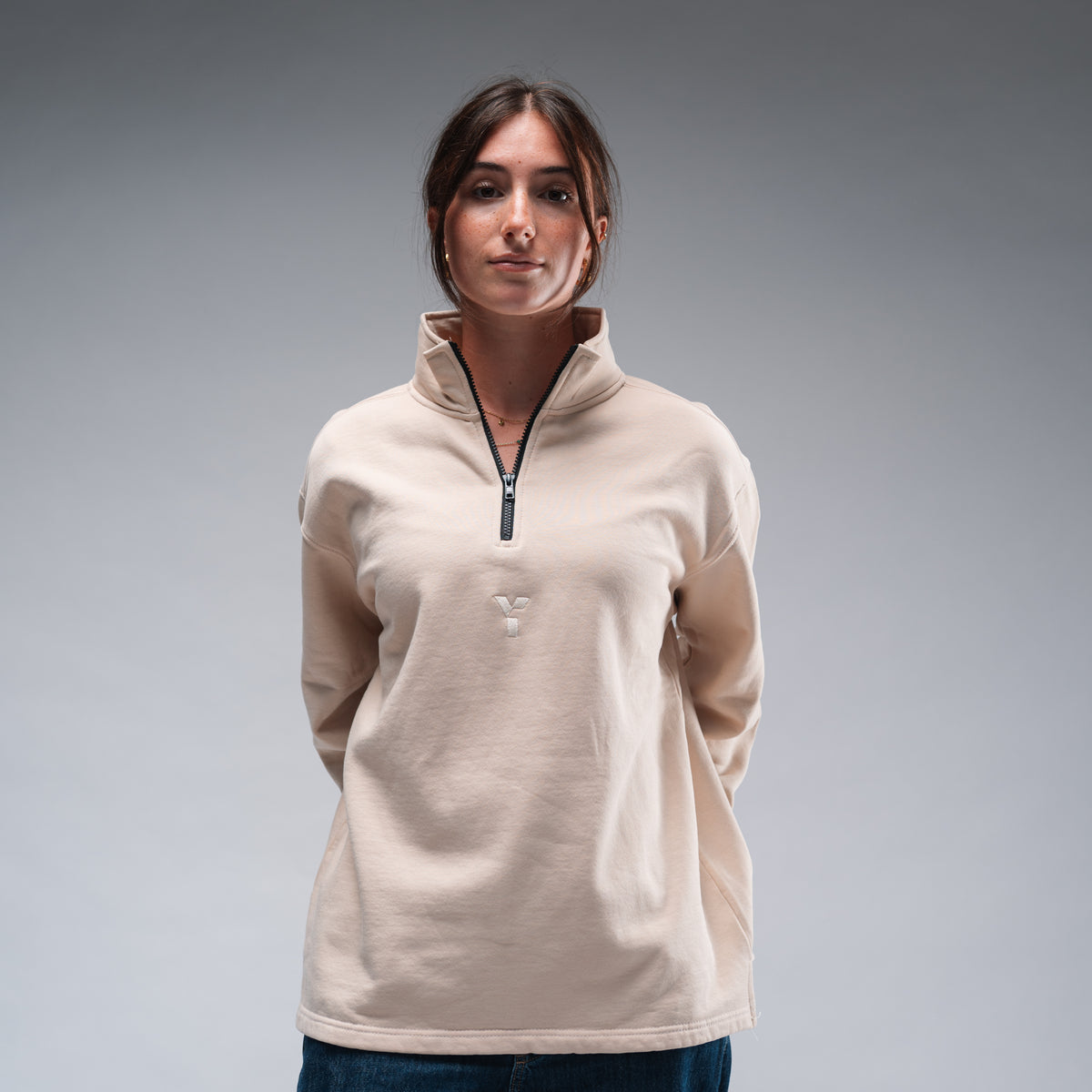 Oversized Stonewash White Logo Quarter Zip