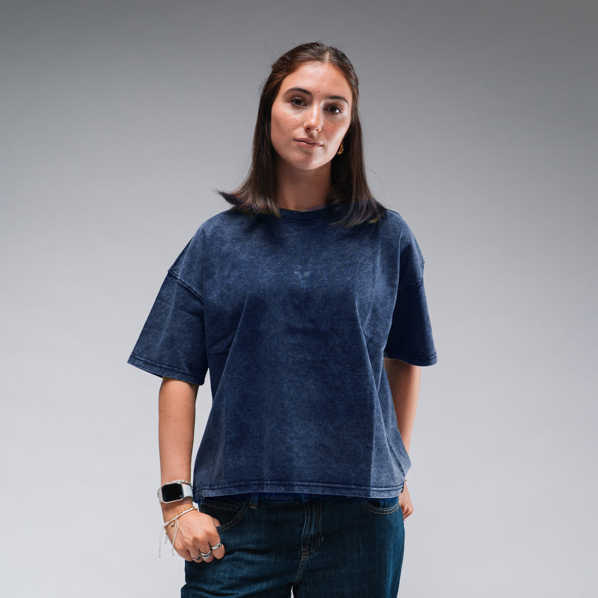 Women's Oversized Stonewash Navy Logo Tee