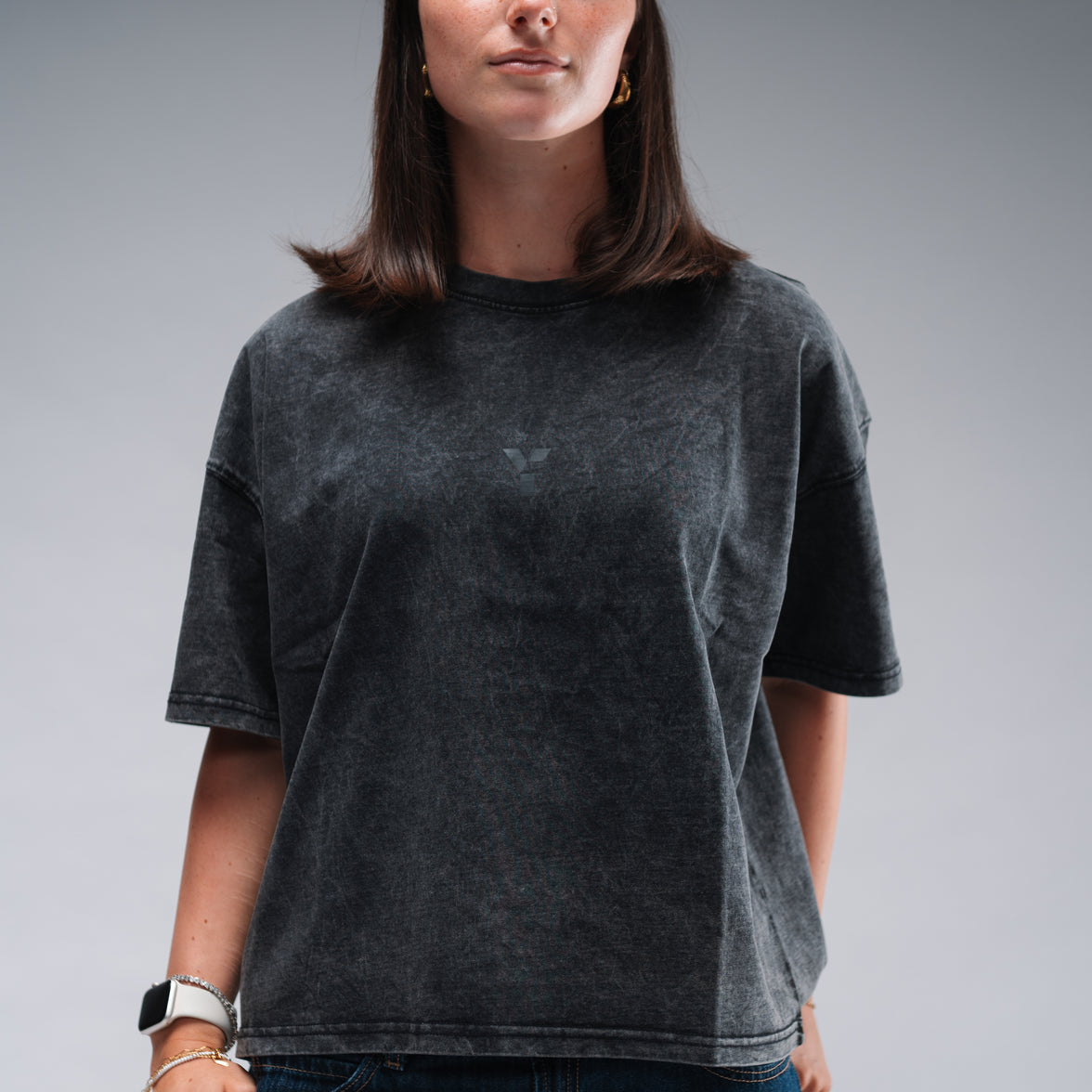 Women's Oversized Stonewash Black Logo Tee