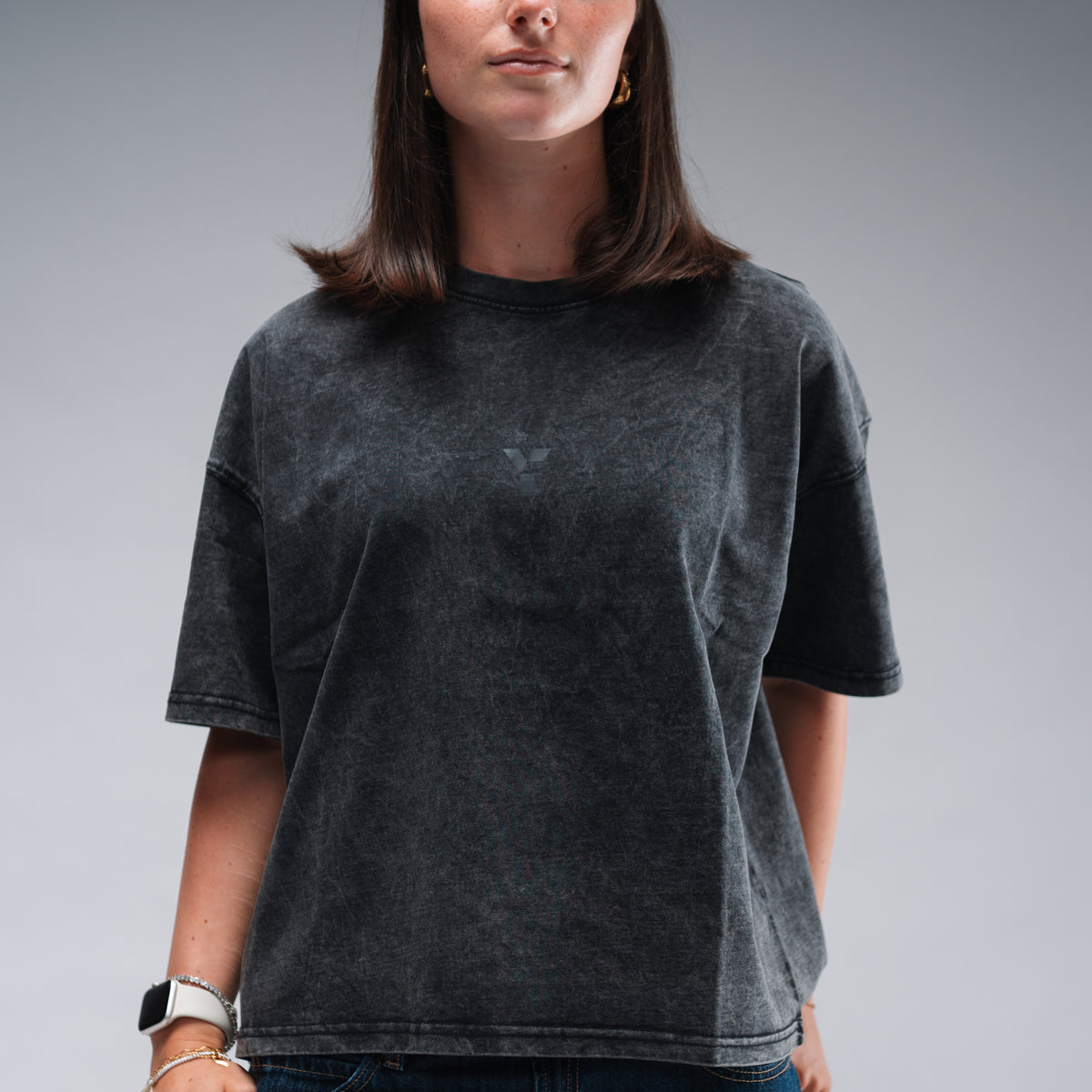 Women's Oversized Stonewash Black Logo Tee