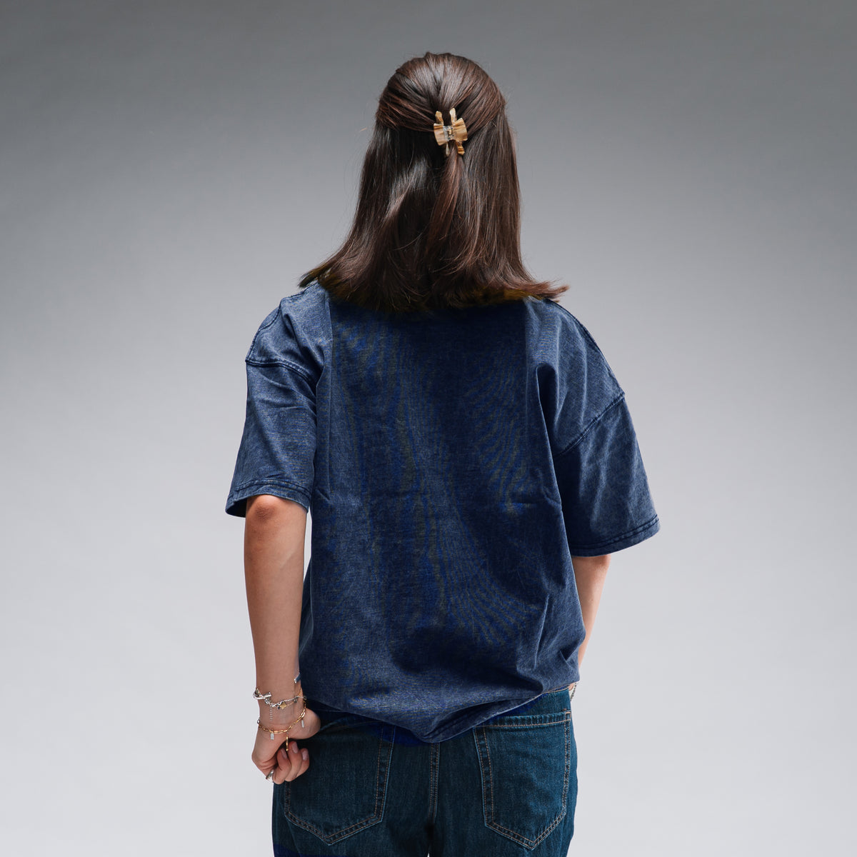 Women's Oversized Stonewash Navy Logo Tee