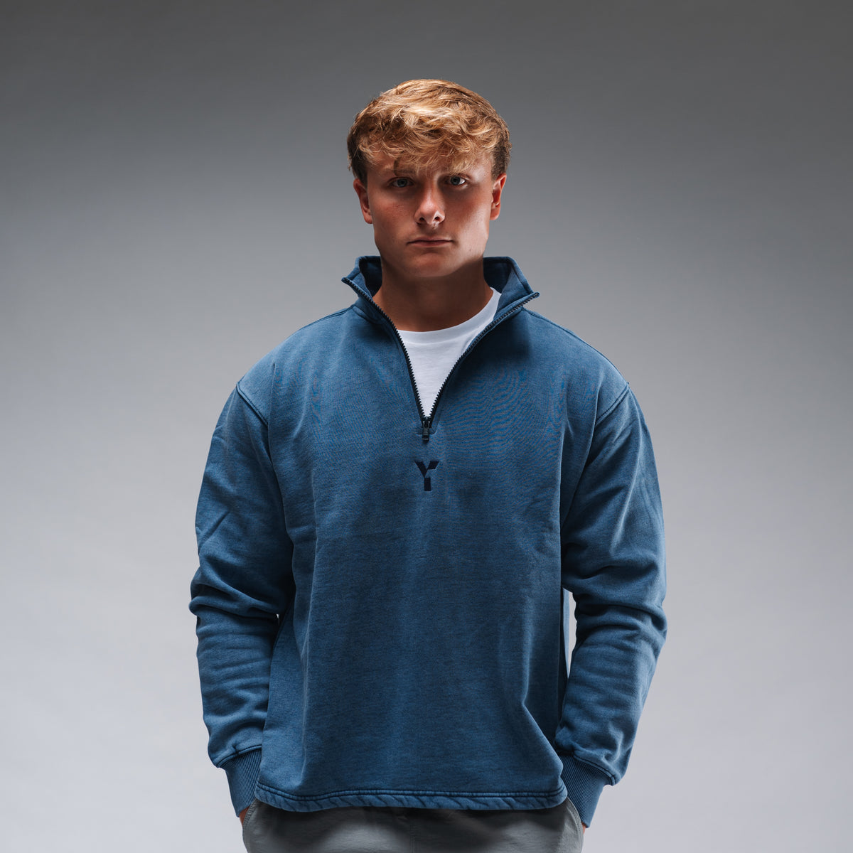 Oversized Stonewash Navy Logo Quarter Zip