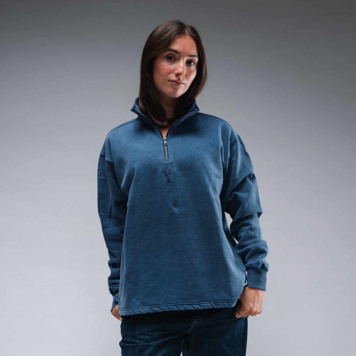 Oversized Stonewash Navy Logo Quarter Zip