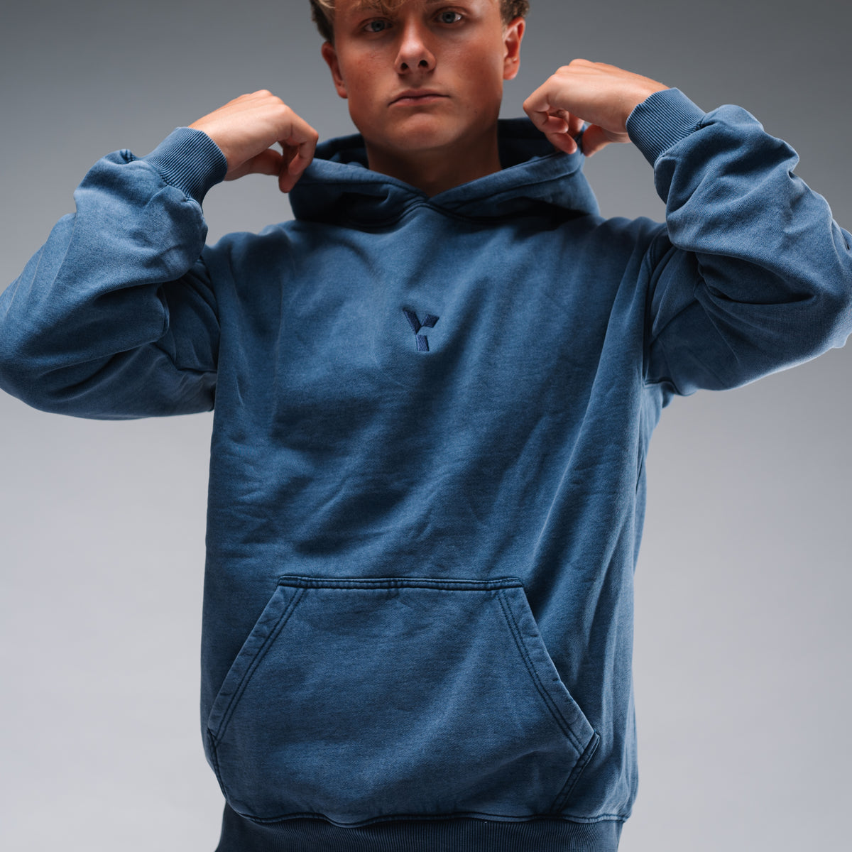 Oversized Stonewash Navy Logo Hood