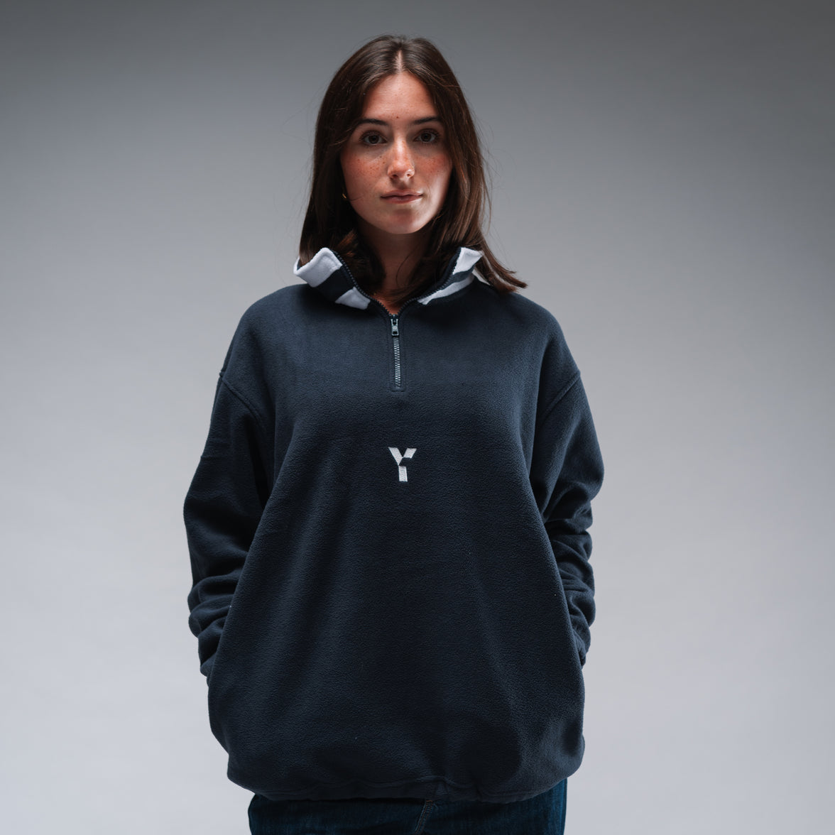 Oversized Stonewash Navy Logo Retro Zip
