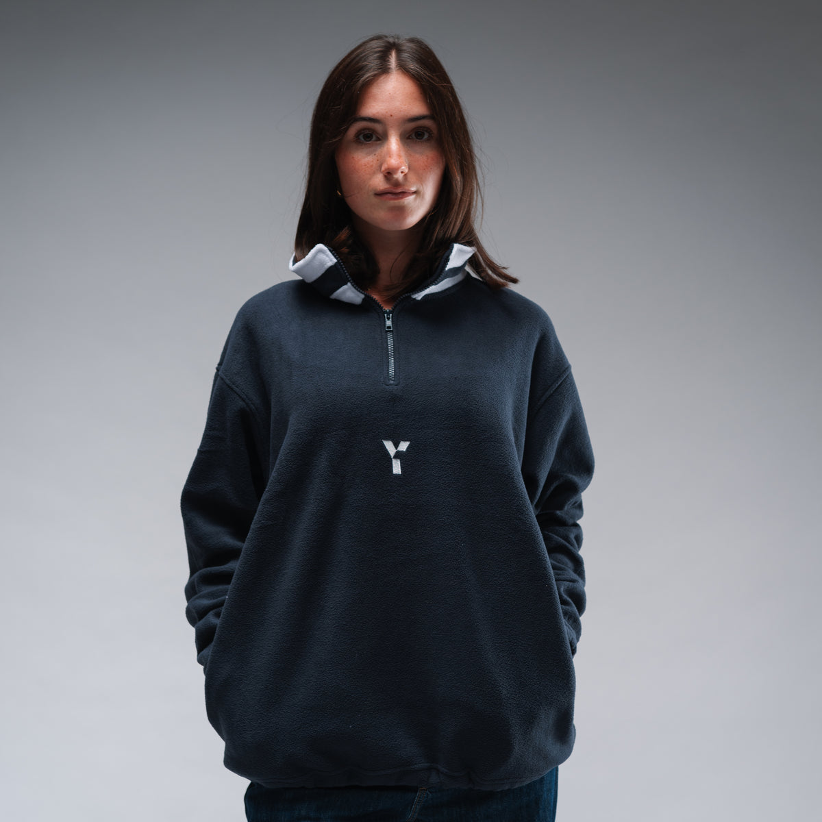 Oversized Stonewash Navy Logo Retro Zip