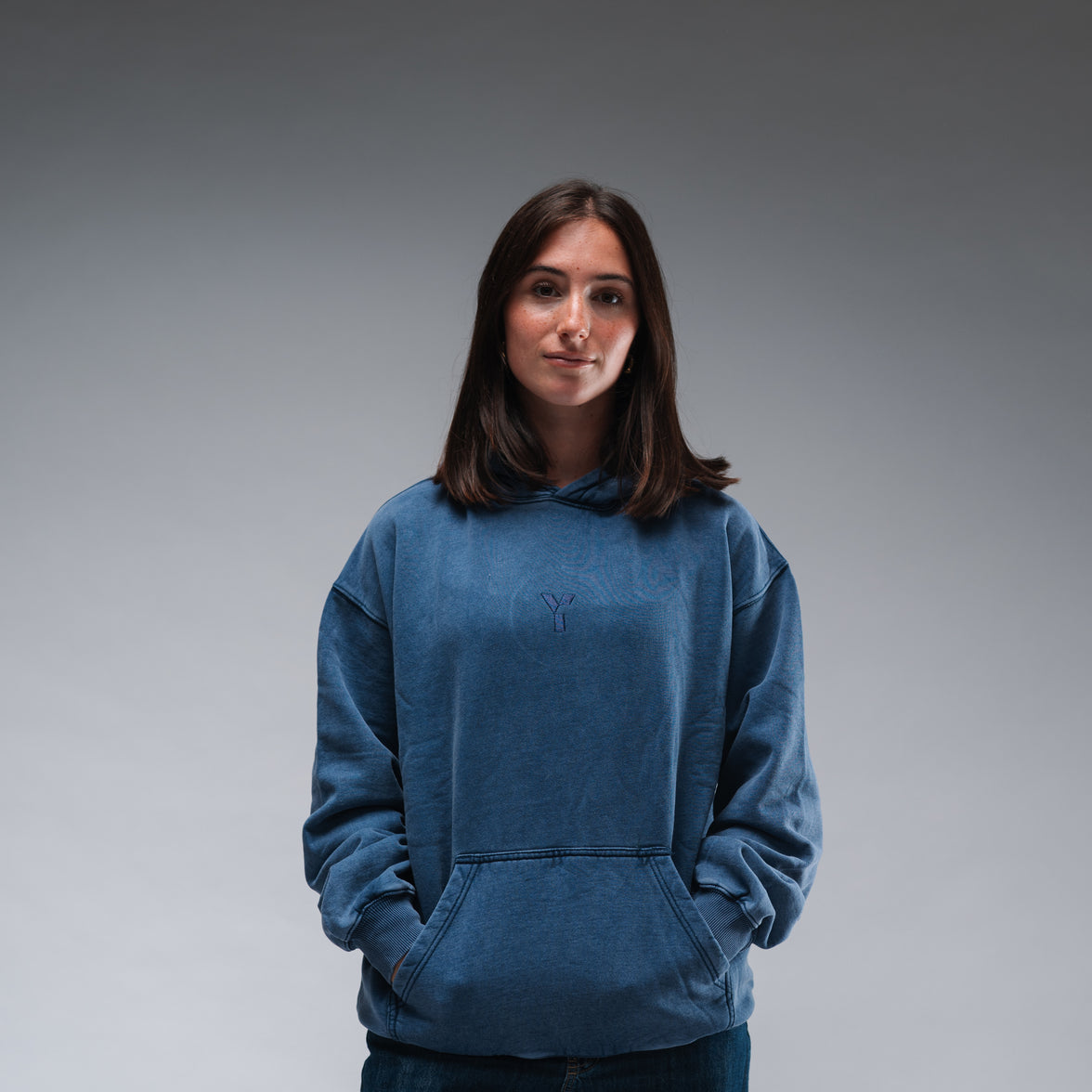 Oversized Stonewash Navy Logo Hood