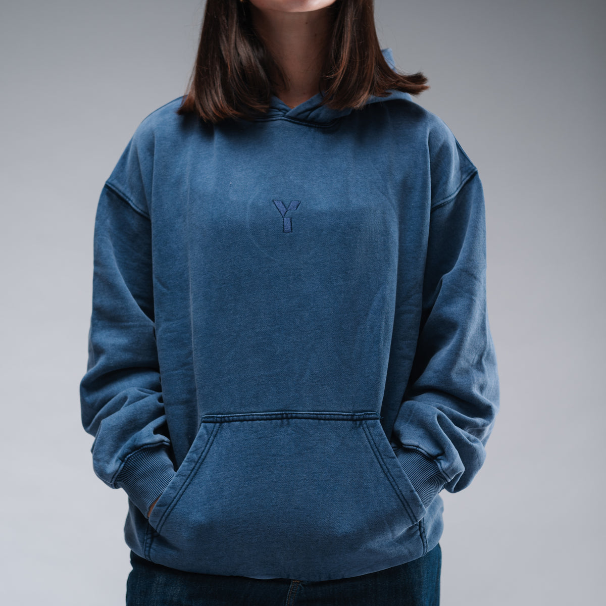 Oversized Stonewash Navy Logo Hood