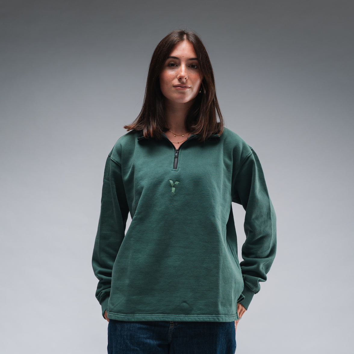 Oversized Stonewash Green Logo Quarter Zip