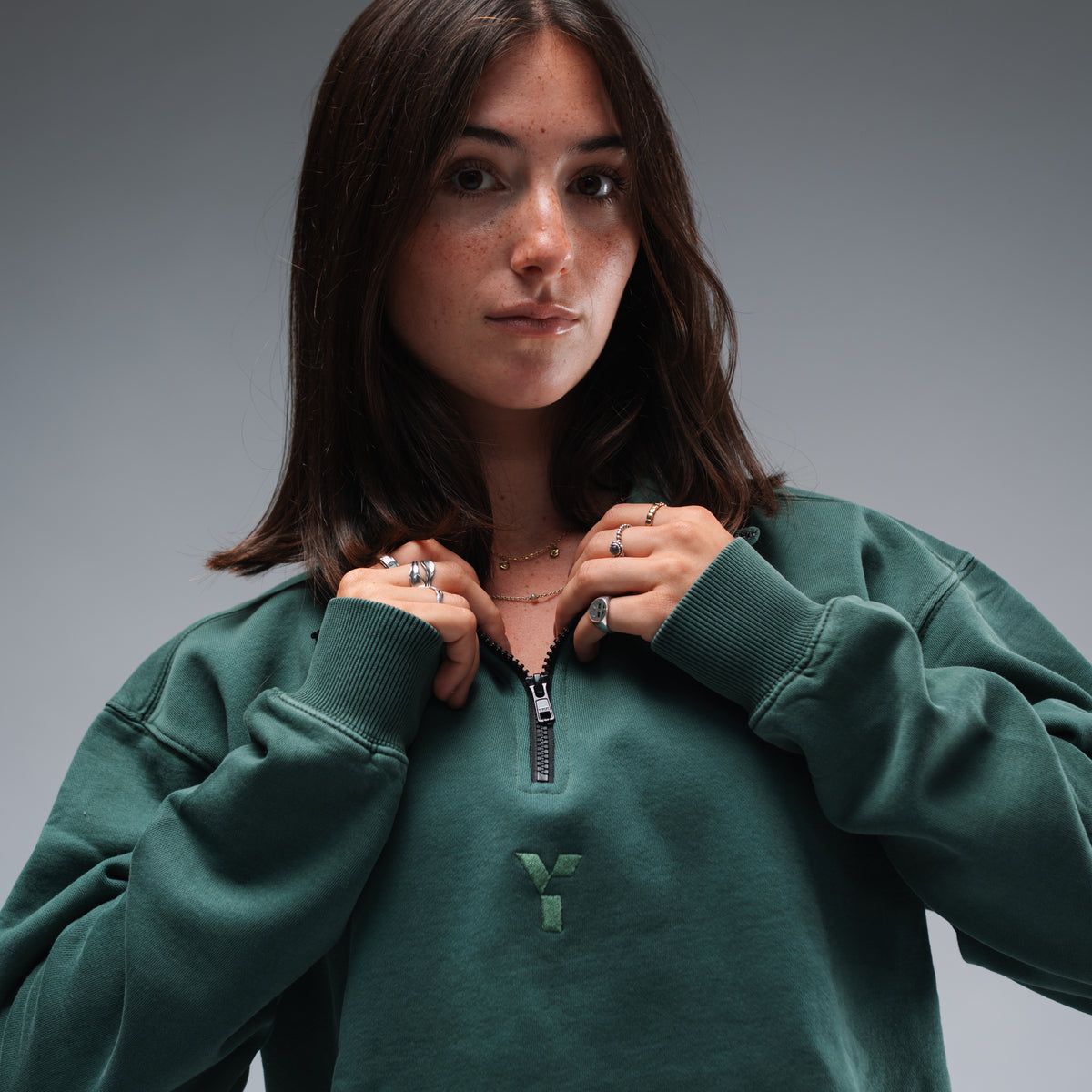 Oversized Stonewash Green Logo Quarter Zip