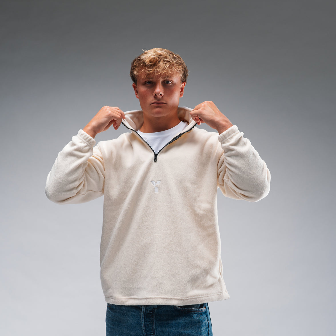 Oversized Stonewash White Logo Retro Zip