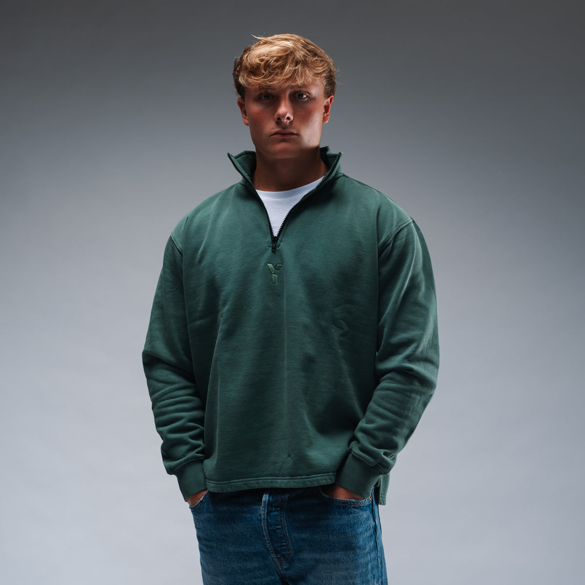 Oversized Stonewash Green Logo Quarter Zip