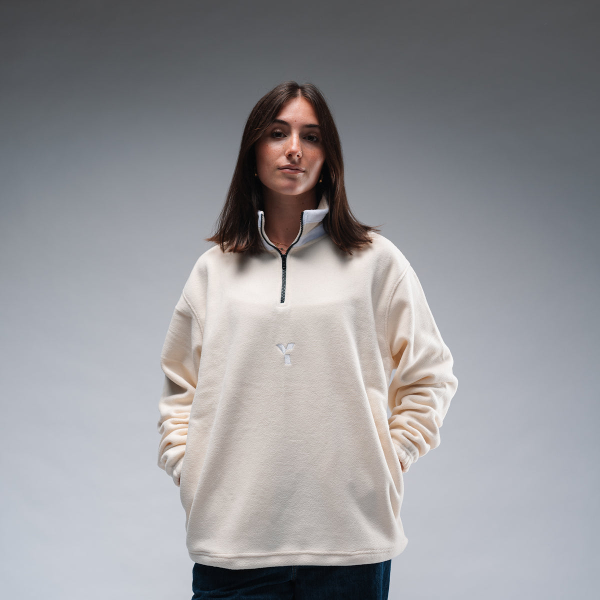 Oversized Stonewash White Logo Retro Zip