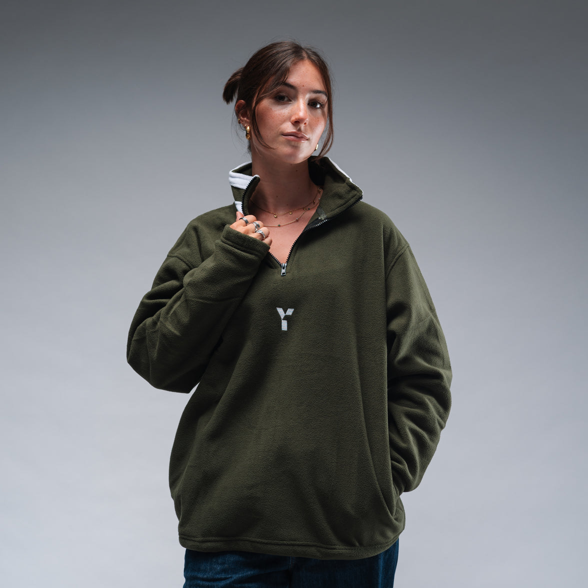 Oversized Stonewash Green Logo Retro Zip