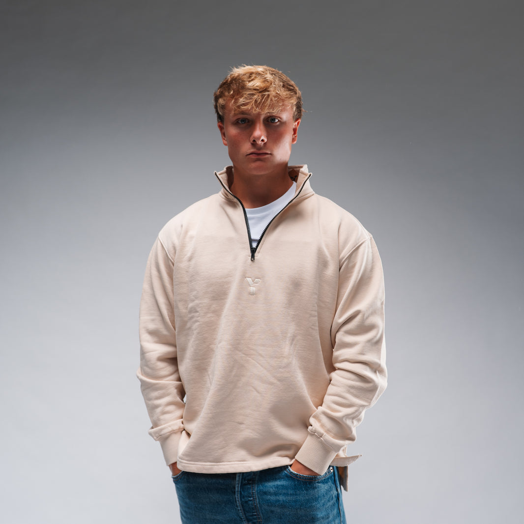 Oversized Stonewash White Logo Quarter Zip