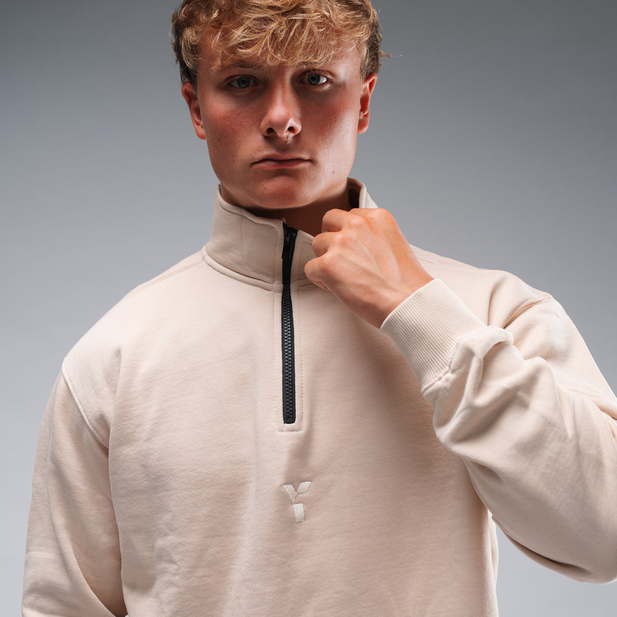 Oversized Stonewash White Logo Quarter Zip