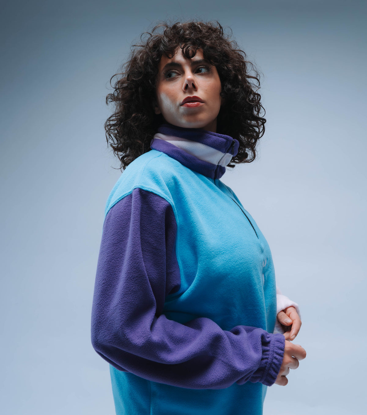 Upcycled Retro Quarter Zip Fleece (Sky Blue/Pink/Purple)