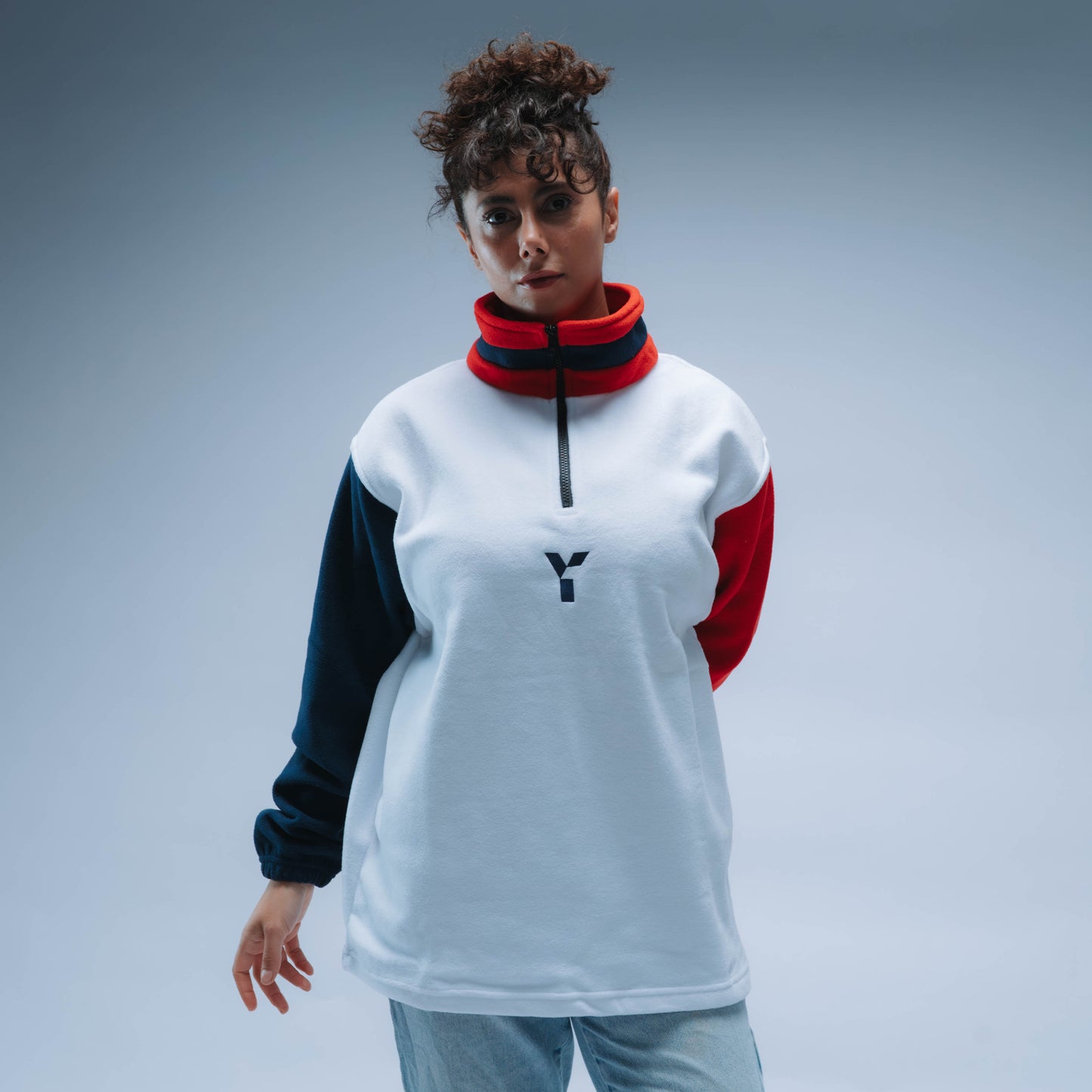 BF25 Upcycled Retro Quarter Zip Fleece (White/Navy/Red)
