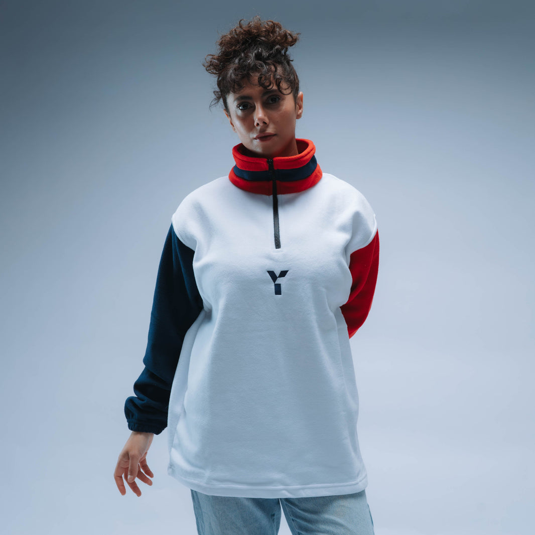 Upcycled Retro Quarter Zip Fleece (White/Navy/Red)