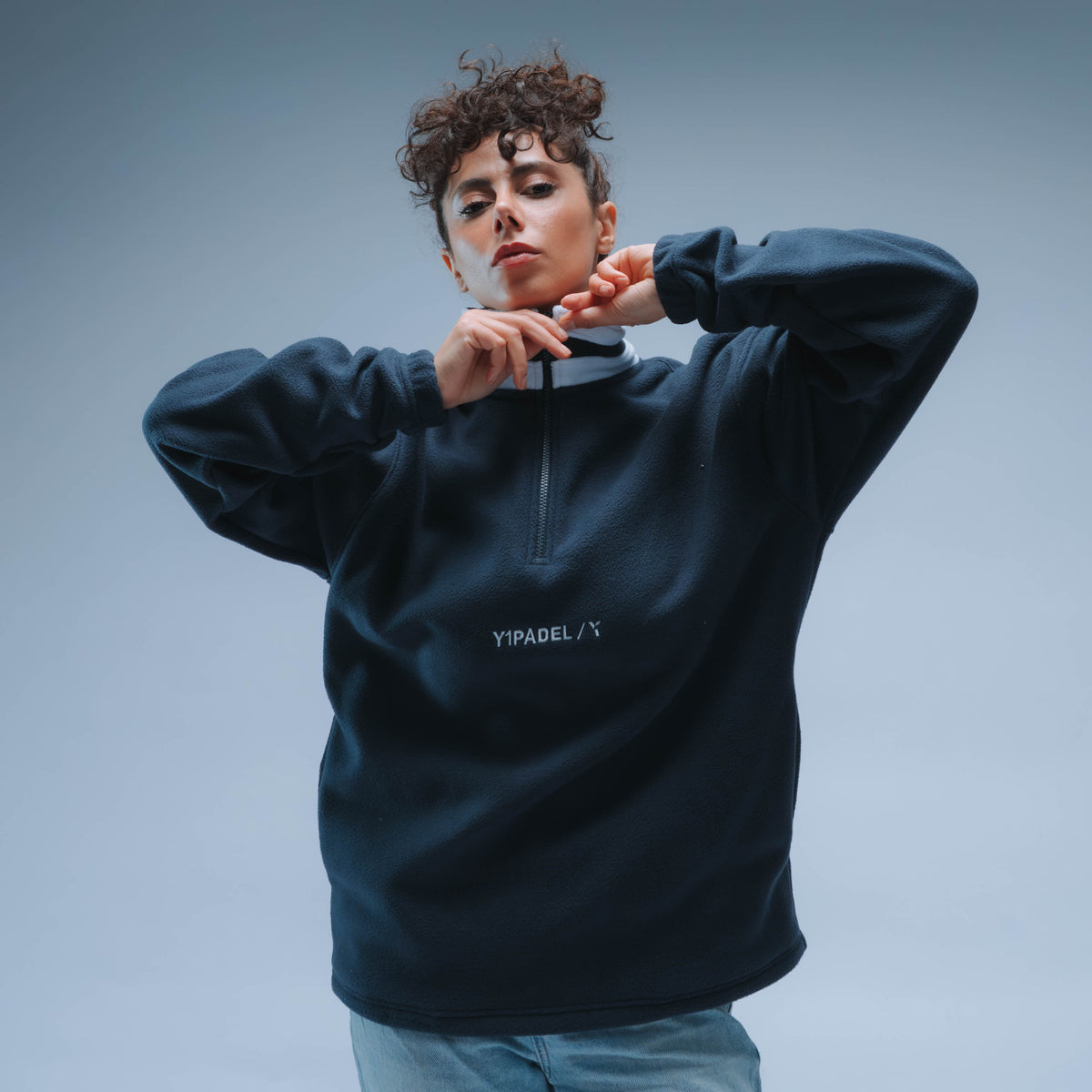Y1 Padel Boxy Premium Retro 1/4 Zip Fleece Unisex (Navy/White)