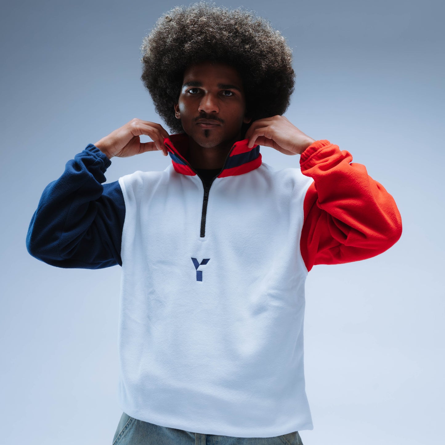 BF25 Upcycled Retro Quarter Zip Fleece (White/Navy/Red)