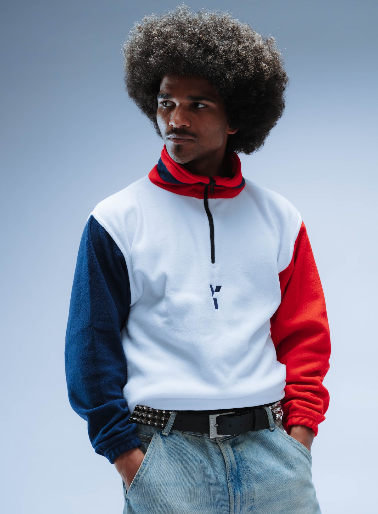 BF25 Upcycled Retro Quarter Zip Fleece (White/Navy/Red)