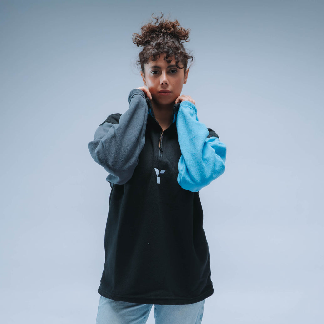 Upcycled Retro Quarter Zip Fleece (Black/Grey/Sky Blue)