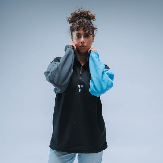 BF25 Upcycled Retro Quarter Zip Fleece (Black/Grey/Sky Blue)