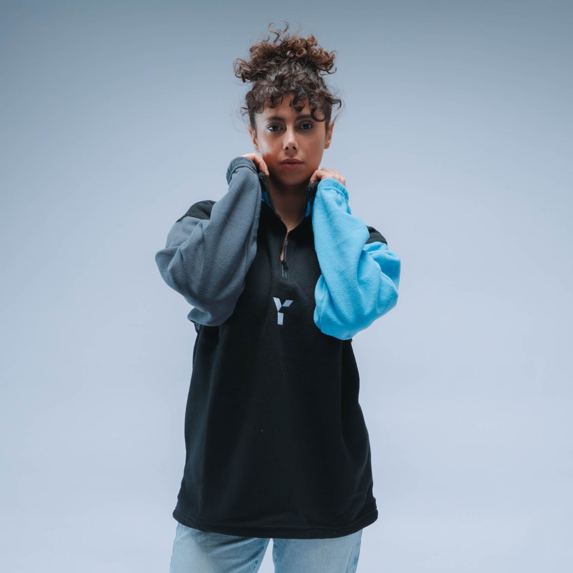 Upcycled Retro Quarter Zip Fleece (Black/Grey/Sky Blue)