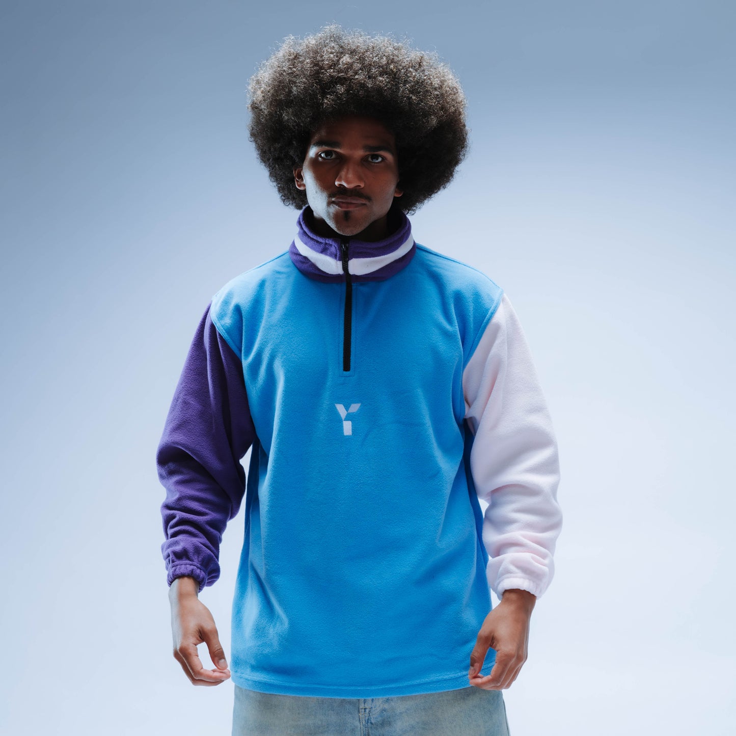 BF25 Upcycled Retro Quarter Zip Fleece (Sky Blue/Pink/Purple)
