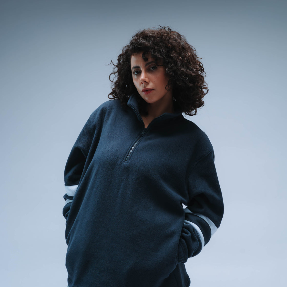 Double Stripe Boxy Premium Retro Fleece Unisex (Navy/White)