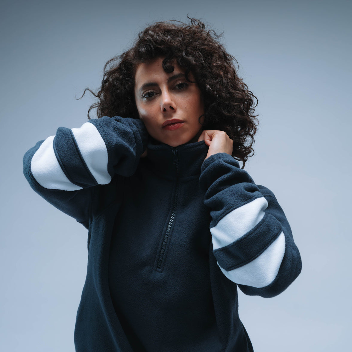 Double Stripe Boxy Premium Retro Fleece Unisex (Navy/White)