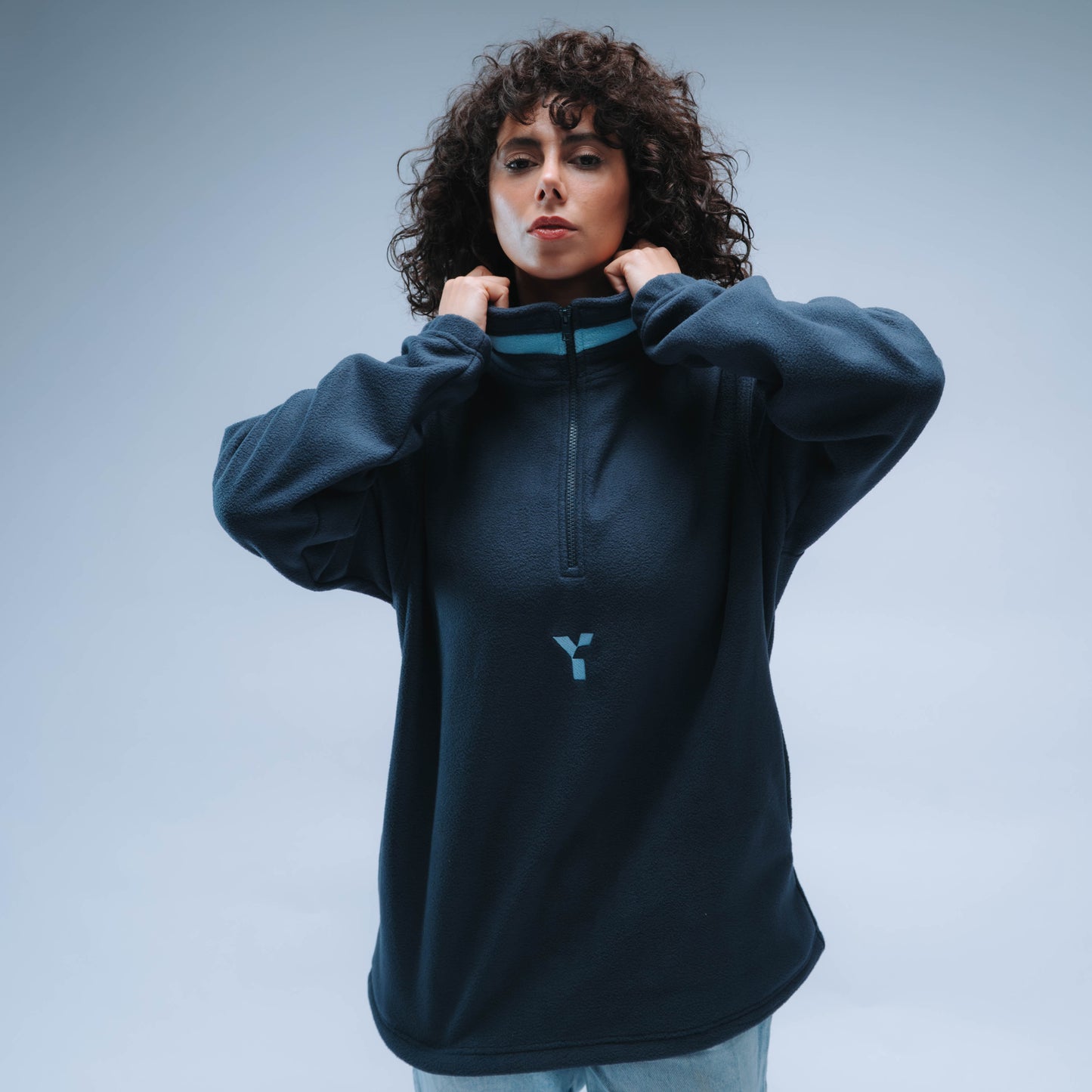 BF25 Y Logo Boxy Premium Retro Fleece Unisex (Navy/Baby Blue)