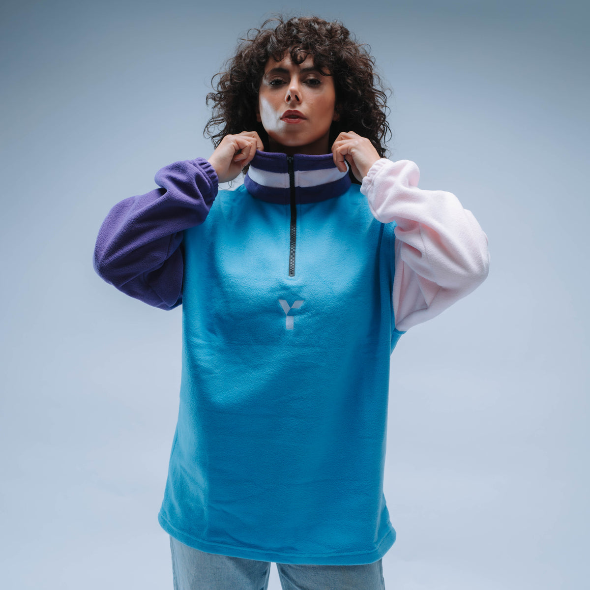 Upcycled Retro Quarter Zip Fleece (Sky Blue/Pink/Purple) by Y1