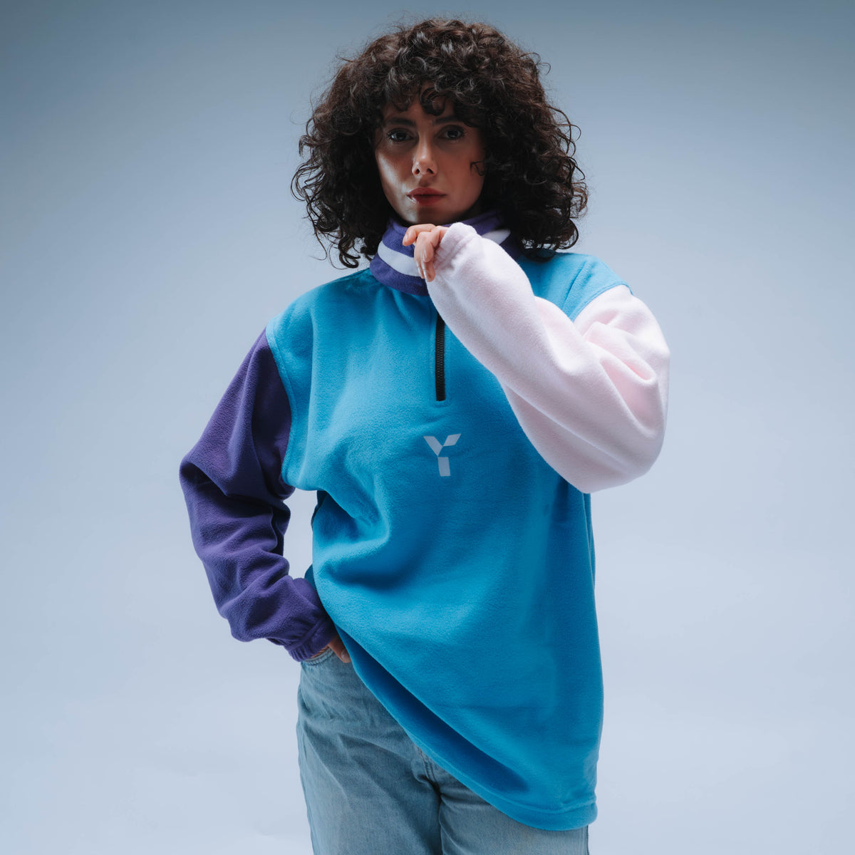 Upcycled Retro Quarter Zip Fleece (Sky Blue/Pink/Purple)