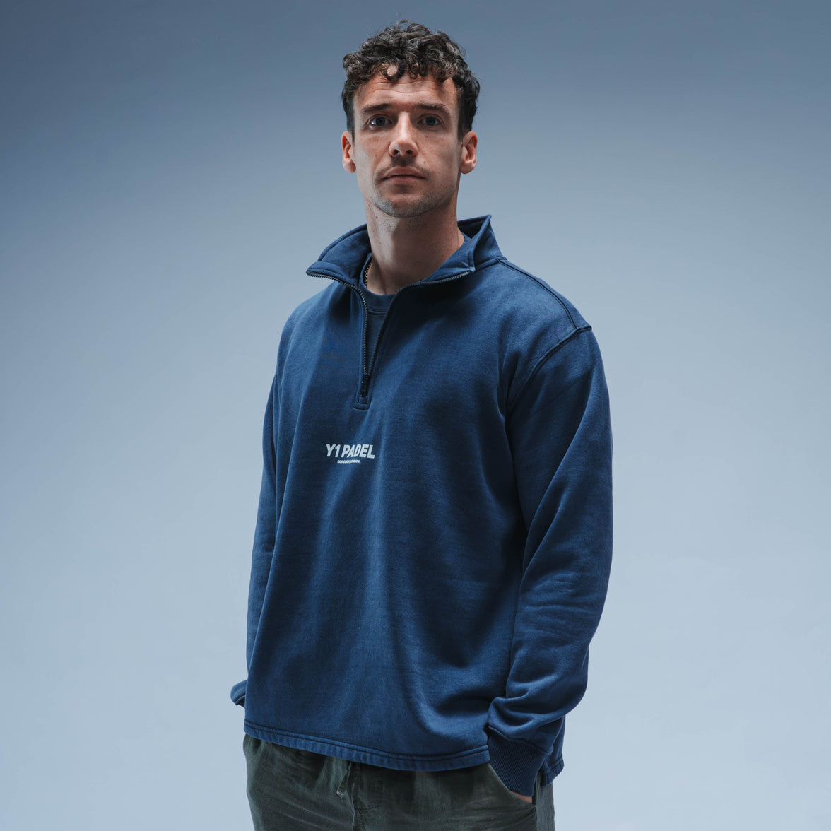 Y1 Padel Reinvent The Game Boxy Cotton Quarter Zip Unisex (Washed Navy)