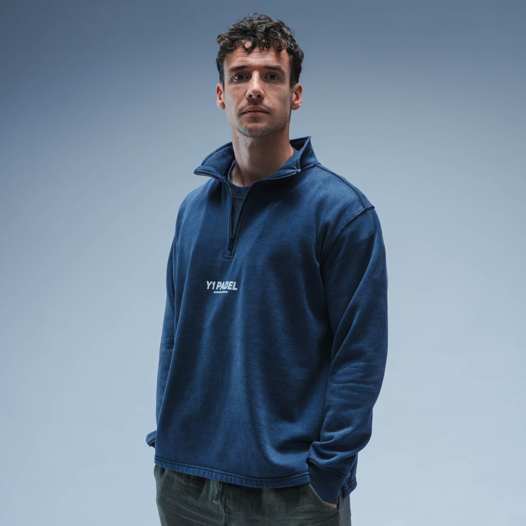 Y1 Padel Reinvent The Game Boxy Cotton Quarter Zip Unisex (Washed Navy)